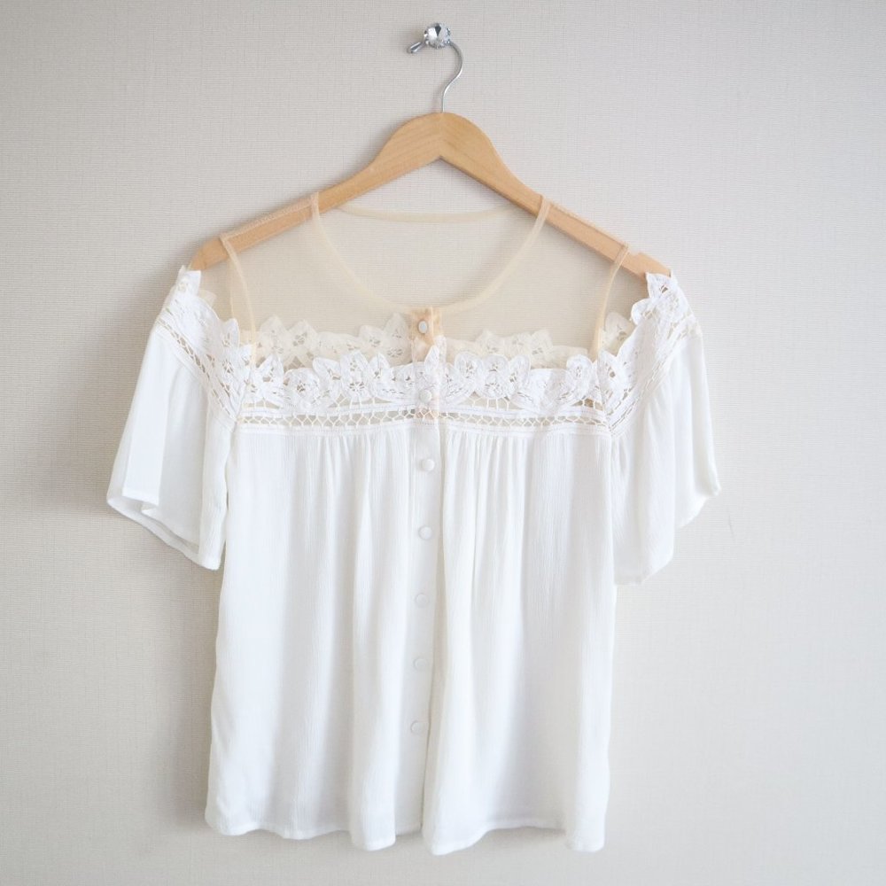 Feminine 50s Inspired Sheer Button Up Top Ivory Short Sleeve Lace
